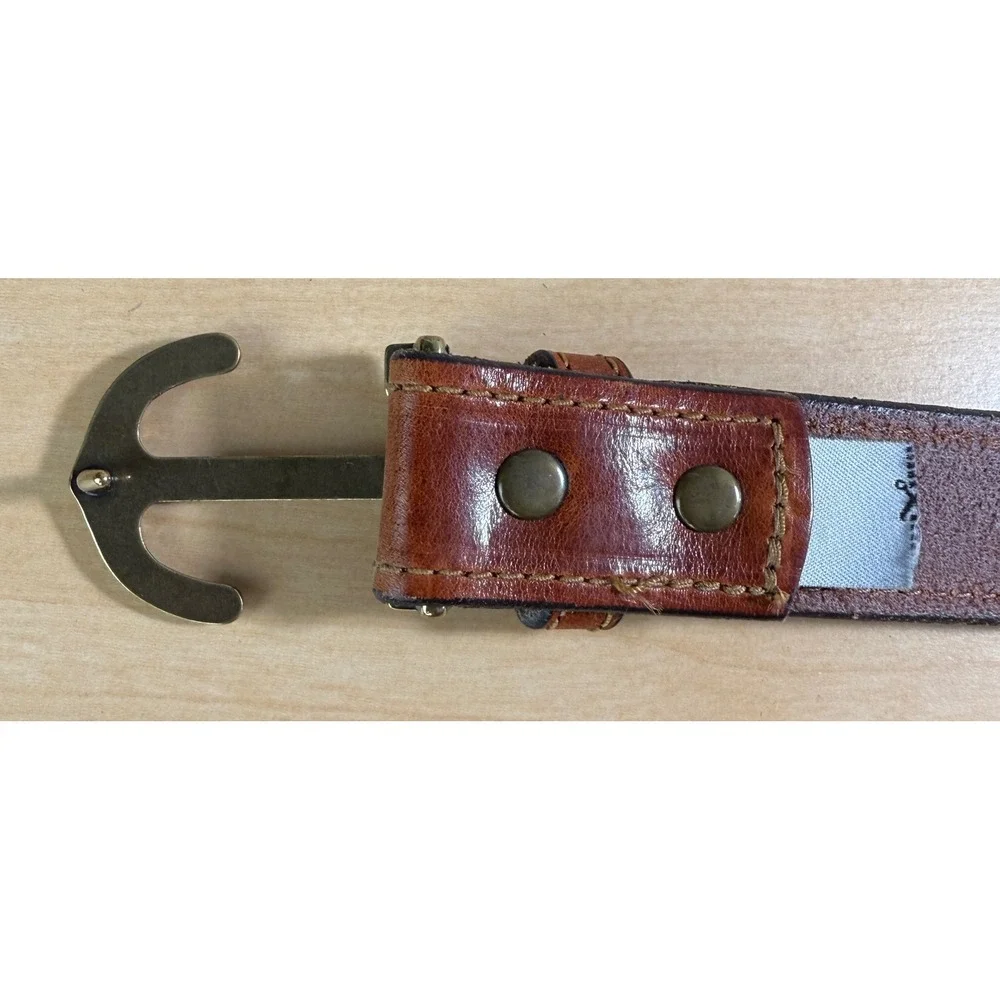 J.Crew Leather Belt Mens 34 Brown Anchor Buckle Nautical Made in USA 13088